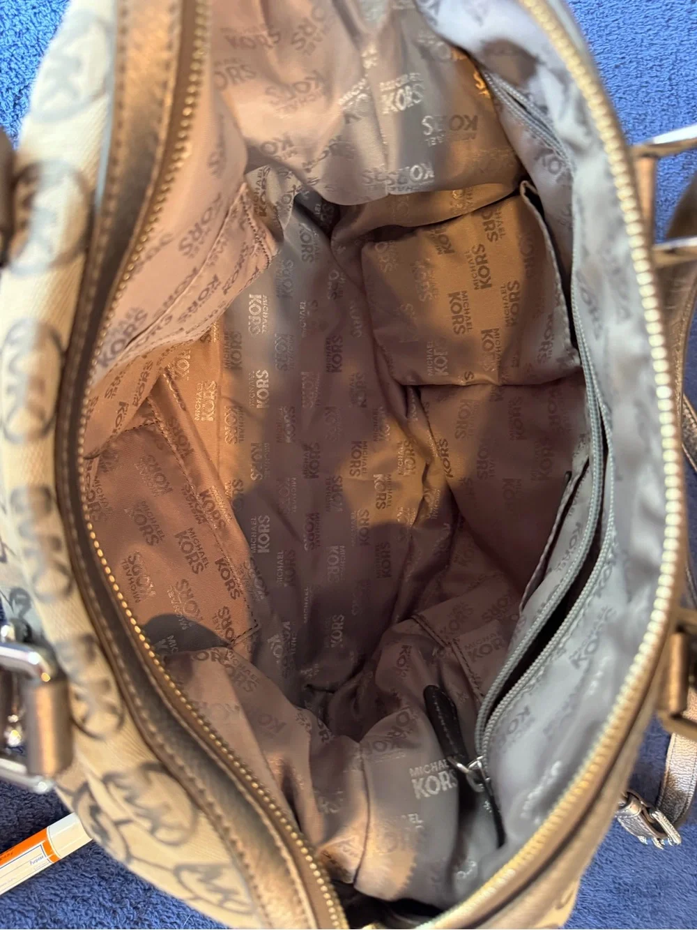 Michael Kors Beige Monogram Satchel with Bronze Trim